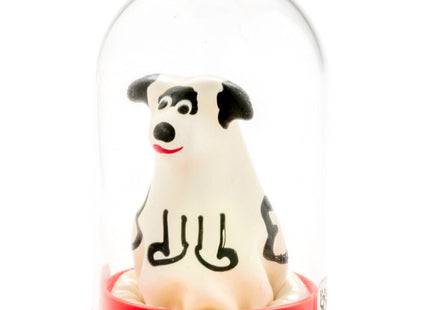 Ein handbemaltes neuheitskondom dalmatiner aus der condomerie mit weiß schwarzer hundefigur und rotem lächeln im glasdom