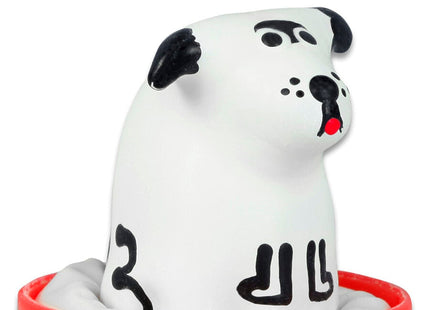 Weiß ceramic hund figurine mit schwarz bemalten ohren augen nase und markierungen mit roter zunge condomerie handbemalte neuheitskondome dalmatiner