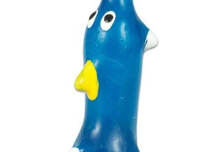 Blauer plastik-dinosaurier-badewannenspielzeug mit roten und weißen akzenten gelbem schnabel und schwarzen augen kondome von condomerie