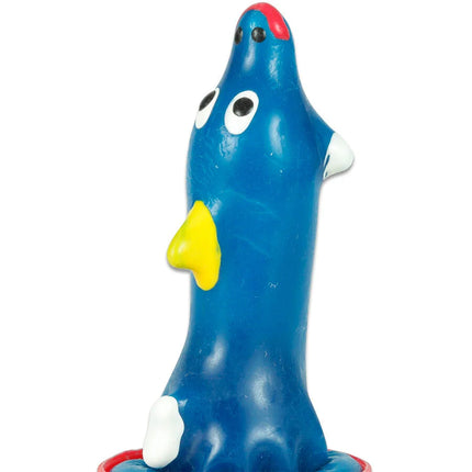 Blauer plastik-dinosaurier-badewannenspielzeug mit roten und weißen akzenten gelbem schnabel und schwarzen augen kondome von condomerie