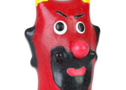 Rote teufelkerze mit gelben hörnern, schwarzen gesichtsmerkmalen und rosa nase von condomerie handbemalte neuheitskondome devil’s mouth modell 1