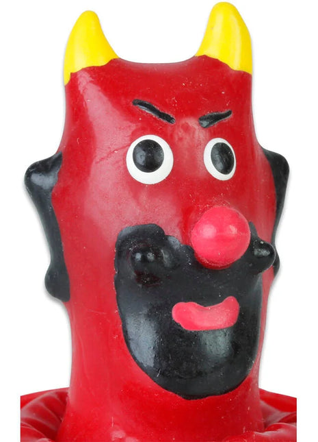 Rote teufelkerze mit gelben hörnern, schwarzen gesichtsmerkmalen und rosa nase von condomerie handbemalte neuheitskondome devil’s mouth modell 1