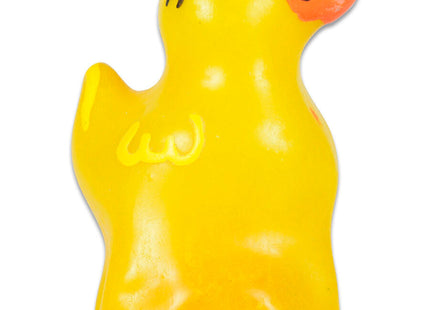 Ein leuchtend gelber gummienten kondom mit orangefarbenem schnabel und schwarz dargestellten augen von condomerie