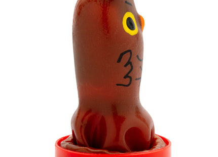 Brauner, glänzender plastik-oktopus-stempel mit gelb gerahmten schwarzen augen und rotem sockel von condomerie handbemalte neuheitskondome eule