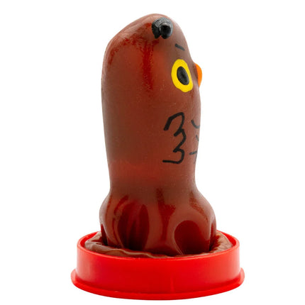 Brauner, glänzender plastik-oktopus-stempel mit gelb gerahmten schwarzen augen und rotem sockel von condomerie handbemalte neuheitskondome eule