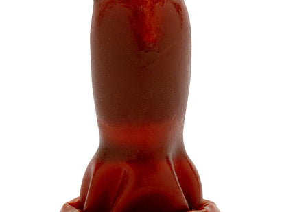 Roter keramik-eulenfigur kondomerie mit schwarz gespitzen ohren und glänzender oberfläche handbemalt