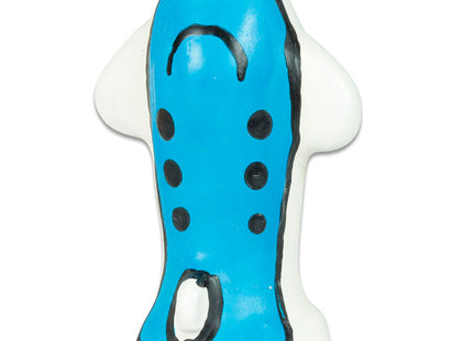Blue und weißes hundespielzeug in skateboard form mit schwarzen kreisen für condomerie handbemalte neuheitskondome flugzeug
