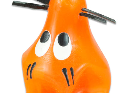 Orange kunststofffigur mit schwarzen schnurrhaaren rosa nase und großen weißen augen auf handbemaltem condomerie neuheitskondom fox glued