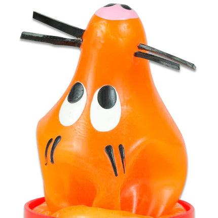 Orange kunststofffigur mit schwarzen schnurrhaaren rosa nase und großen weißen augen auf handbemaltem condomerie neuheitskondom fox glued