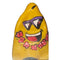 Eine sonnengelbe glossy bananenförmige figur mit cartoon-gesicht, lila sonnenbrille und pinken blumen, condomerie friki tiki xl handbemalt