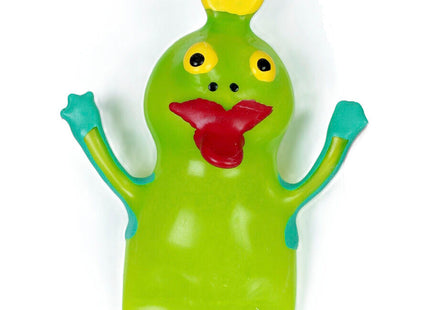 Limegrüne gummifigur mit gelber haartolle schwarzen augen roten lippen und türkisfarbenen armen handbemalt kondom