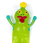 Limegrüne gummifigur mit gelber haartolle schwarzen augen roten lippen und türkisfarbenen armen handbemalt kondom