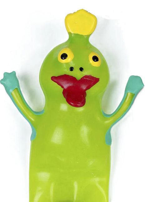 Limegrüne gummifigur mit gelber haartolle schwarzen augen roten lippen und türkisfarbenen armen handbemalt kondom