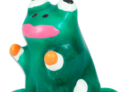 Handbemalte glossy grüne froschfigur mit rosa lippen und orange-weiß gefleckten gliedmaßen aus condomerie-neuheitskondomen