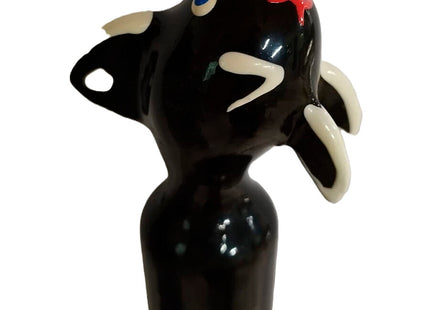 Black keramikstier figur mit weißen hörnern blauem auge und rotem x auf der stirn kondomerie handbemalte neuheitskondome gentle orca xl