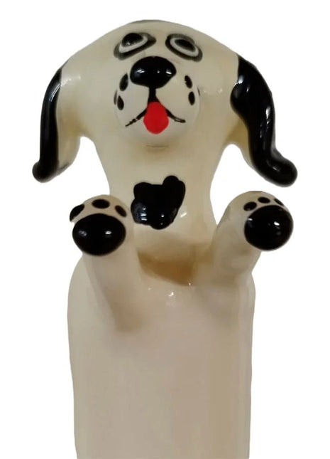 Handbemalter cremefarbener keramik dalmatiner mit schwarzen punkten und roter zunge kondomerie glücklicher weißer hund xl