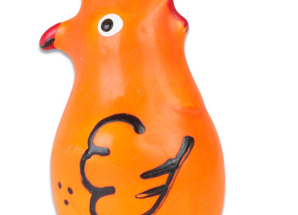Vibrante orange keramikhahnfigur mit roten akzenten bei schnabel und kamm, handbemalt, schwarz konturierte flügel und punkte als füße