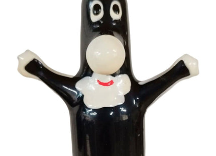 Schwarze glossy figur aus kunststoff mit weißen augen und rundem bauchknopf bei condomerie handbemalte novelty kondome happy puppet xl