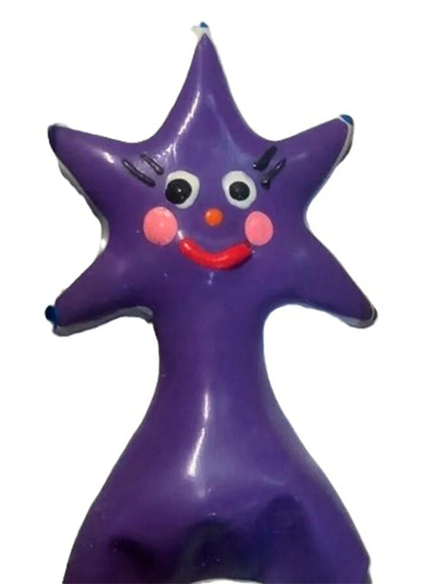 Lila sternförmige kerze mit fröhlichem gesicht schwarz augen rosa wangen rotes lächeln condomerie handbemalte neuheitskondome happy star xl