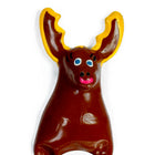 Ein glänzender brauner mooseförmiger schokoladenriegel mit gelben geweihen blauen augen und rosa mund von condomerie hirsch xl