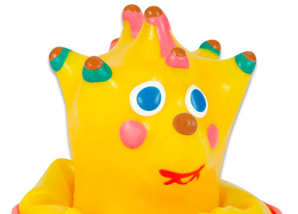 Ein fröhliches gelbes gummi-badspielzeug in kronenform mit bunten stacheln für condomerie handbemalte neuheitskondome igel