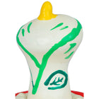 Weiße glänzende plastikfigur in zwiebelform mit grünen markierungen und gelbem oberteil von condomerie handbemalte kondome kala