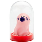 Pink plüschschwein figurine mit schwarzen augen und nase unter klarglas dom auf rotem ständer im condomerie handbemalte neuheitskondome kleines schwein
