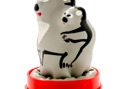 Handbemaltes neuheitskondom koala mit jungem als graue und schwarze figurine auf rotem plastiksockel