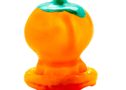 Orange kürbisförmiges spielzeug aus glänzendem kunststoff mit grünem stiel von condomerie handbemalte neuheitskondome