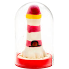 Ein rotes weißes und gelbes handbemaltes Leuchtturm-Kondom in einer glaskuppel von Condomerie