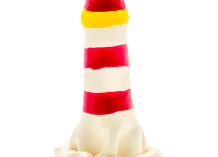 Handbemaltes roten gelben und weißen silikonspielzeug mit abgerundetem sockel von condomerie leuchtturm