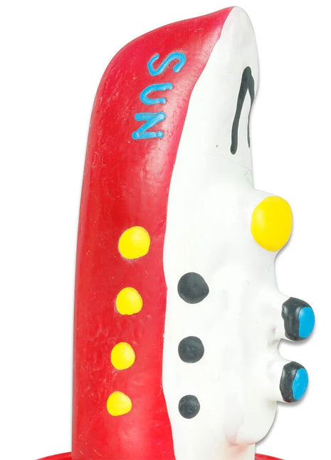 Handbemaltes novelty kondom love boat in rot weiß mit blauer schrift gelben punkten und schwarzen blauen akzenten