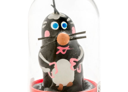 Handbemalte neuheitskondome maulwurf als schwarz-weiße cartoon-figur mit blauen augen in glaskuppel auf rotem sockel
