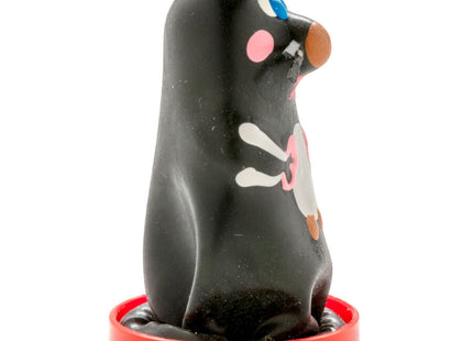 Schwarze pinguin kerze mit blauen augen pinken wangen und nase weiße pfotenabdrücke auf bauch condomerie handbemalte neuheitskondome maulwurf