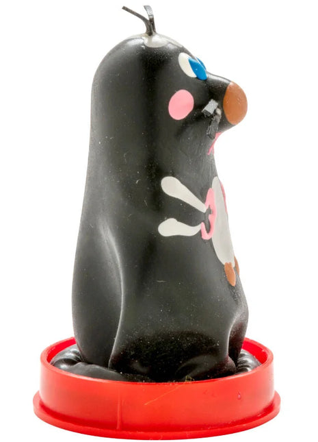 Schwarze pinguin kerze mit blauen augen pinken wangen und nase weiße pfotenabdrücke auf bauch condomerie handbemalte neuheitskondome maulwurf
