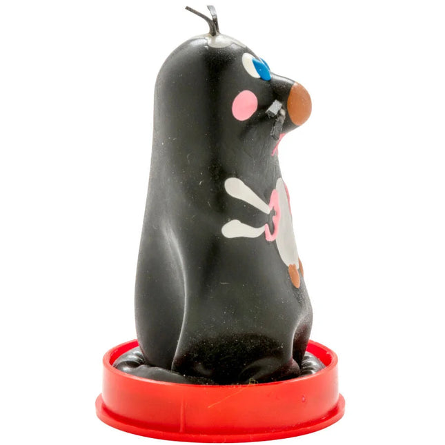 Schwarze pinguin kerze mit blauen augen pinken wangen und nase weiße pfotenabdrücke auf bauch condomerie handbemalte neuheitskondome maulwurf