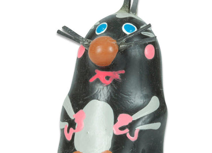 Schwarze kunststofffigur maulwurf mit blauen augen orangener nase und füßen rosa wangen und weißem bauchpatch kondomerie handbemalte neuheitskondome