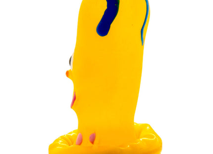 Gelbes gummi spielzeug mit blauer farbklecksen und pinken füßen aus der condomerie handbemalte neuheitskondome mutter serie