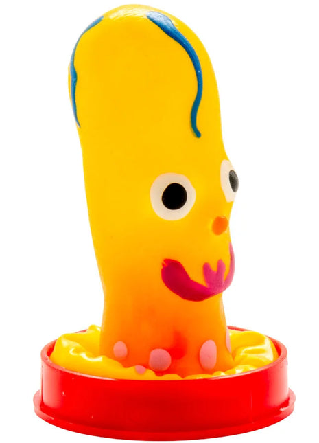 Handbemalte neuheitskondome mutter mit gelbem und orangem gummi-oktopus und rotem sockel von condomerie
