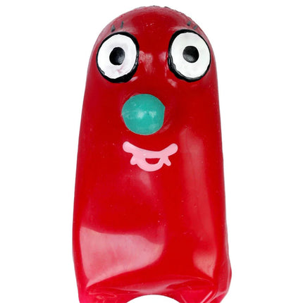 Rotes, glänzendes plastikspielzeug mit großen weißen augen und türkiser nase zum condomerie handbemalte neuheitskondome nosy xl