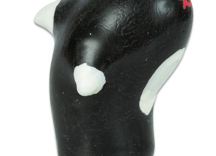 Schwarze und weiße orca kerze aus wachs mit rotem logo auf dem kopf von condomerie handbemalte neuheitskondome