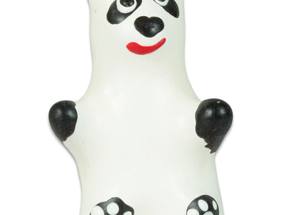 Weißer und schwarzer panda geformtes hundespielzeug mit roten lippen und bemalten pfotenabdrücken am bauch aus der condomerie handbemalte neuheitskondome panda modell 1 serie