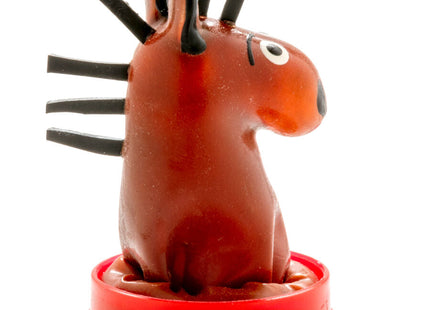 A glossy brown plastic horse figurine with black spiky mane and white eye on red base from condenserie handbemalte neuheitskondome pferd