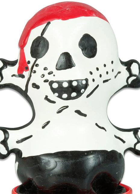 Weiße schädelförmige handbemalte kondomfigur mit schwarzen details und roter kappe von condomerie piraten serie