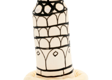 Cremefarbener keramikturm mit schwarz handbemalten architekturmustern condomerie handbemalte neuheitskondome pisa turm