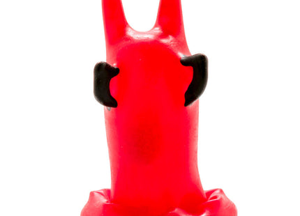 Vibrante rote handbemalte kondomfigur red devil mit schwarzen hörnern und spitzen ohren von condomerie