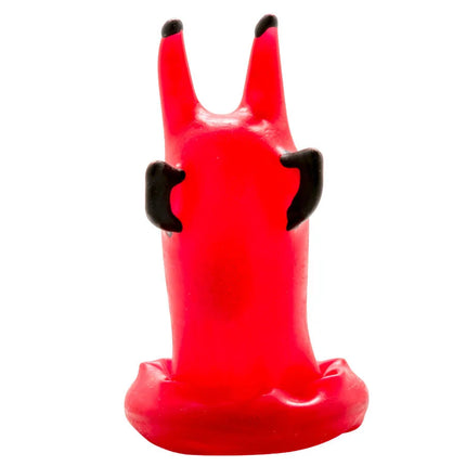 Vibrante rote handbemalte kondomfigur red devil mit schwarzen hörnern und spitzen ohren von condomerie