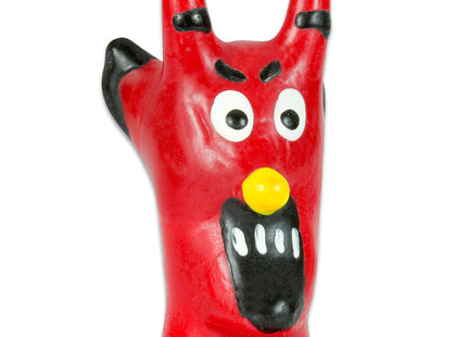 Red devil handbemalte neuheitskondome handfigur mit schwarzen streifen weißen augen gelber nase und schwarzem mund