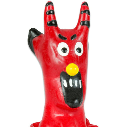 Red devil handbemalte neuheitskondome handfigur mit schwarzen streifen weißen augen gelber nase und schwarzem mund