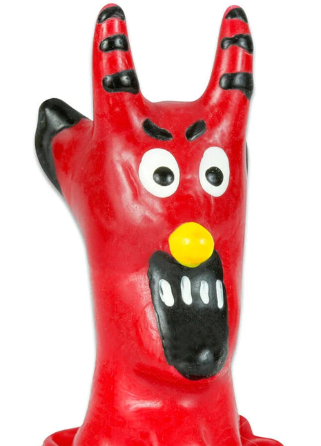Red devil handbemalte neuheitskondome handfigur mit schwarzen streifen weißen augen gelber nase und schwarzem mund